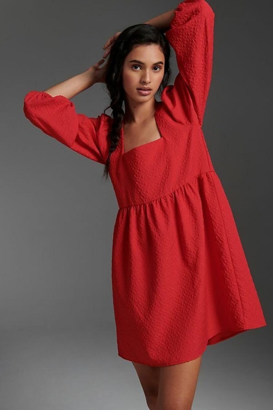 Amadi Red Textured Square Neck Puff Sleeve Esther Mini Dress Medium